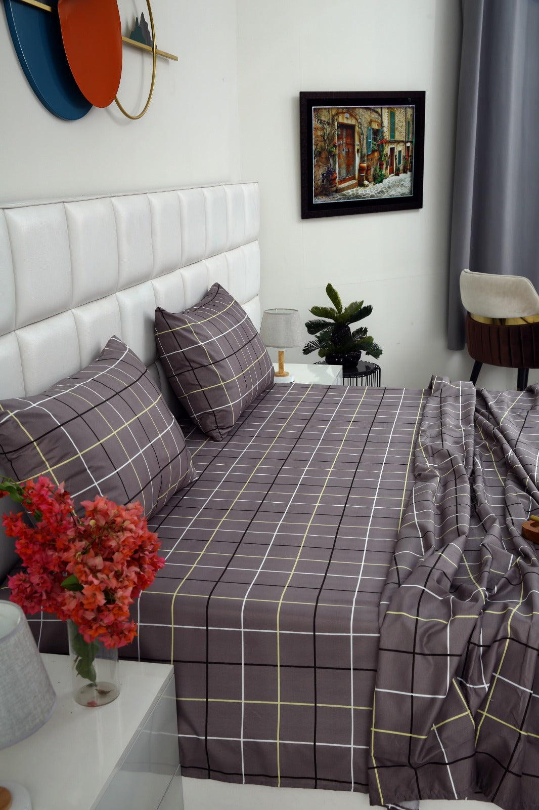 3 PCs Double Bed Sheet-Multi Check Bed Sheets Apricot