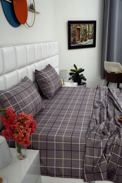 3 PCs Double Bed Sheet-Multi Check Bed Sheets Apricot