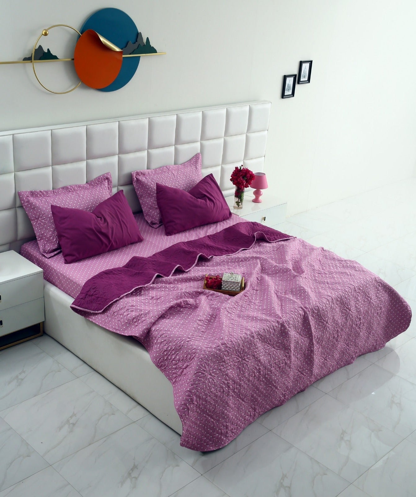 6 PCs Printed Bed Spread Set-Lilac Polka Bed Spread Apricot