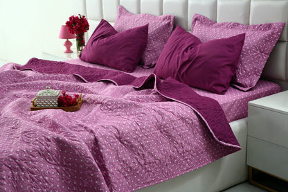 6 PCs Printed Bed Spread Set-Lilac Polka Bed Spread Apricot