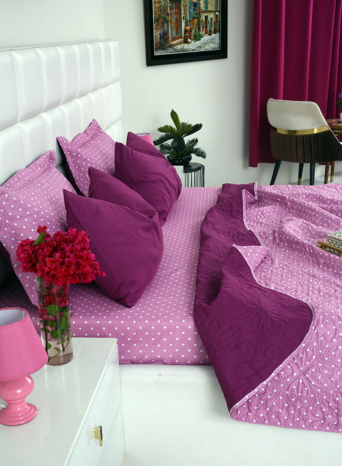 6 PCs Printed Bed Spread Set-Lilac Polka Bed Spread Apricot