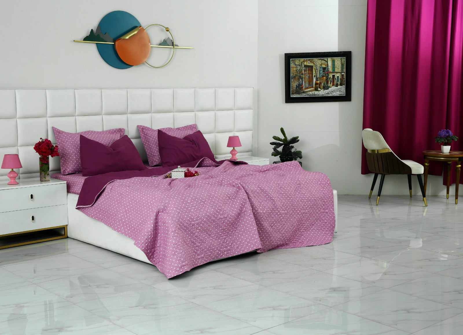 6 PCs Printed Bed Spread Set-Lilac Polka Bed Spread Apricot