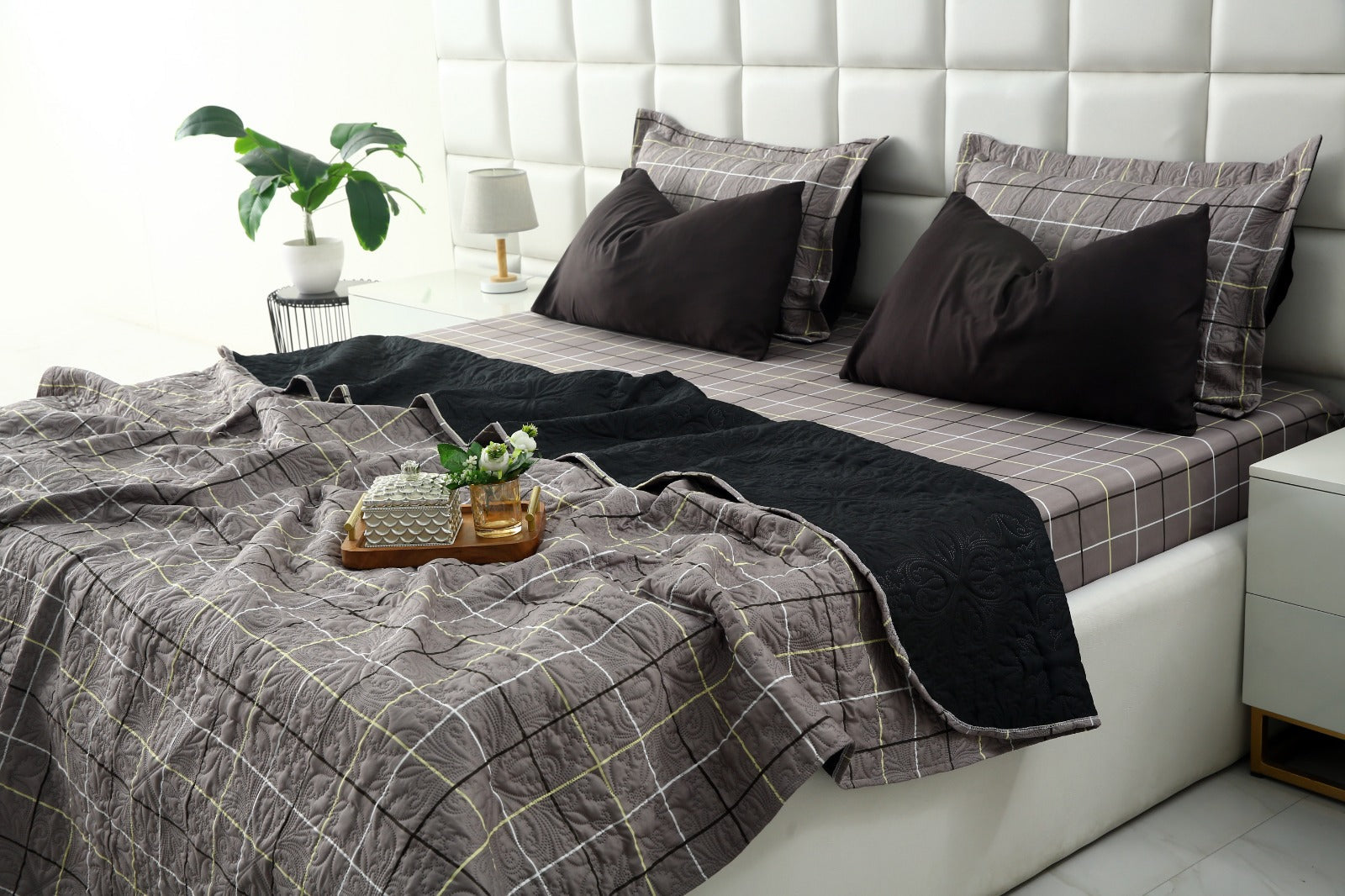 6 PCs Printed Bed Spread Set-Multi Check Bed Spread Apricot