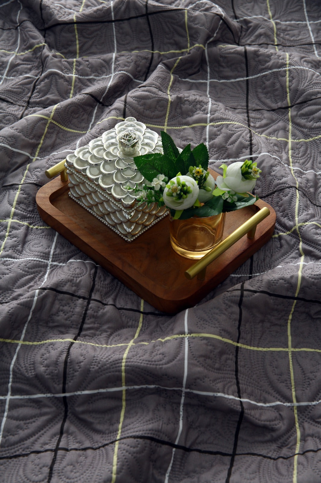 6 PCs Printed Bed Spread Set-Multi Check Bed Spread Apricot