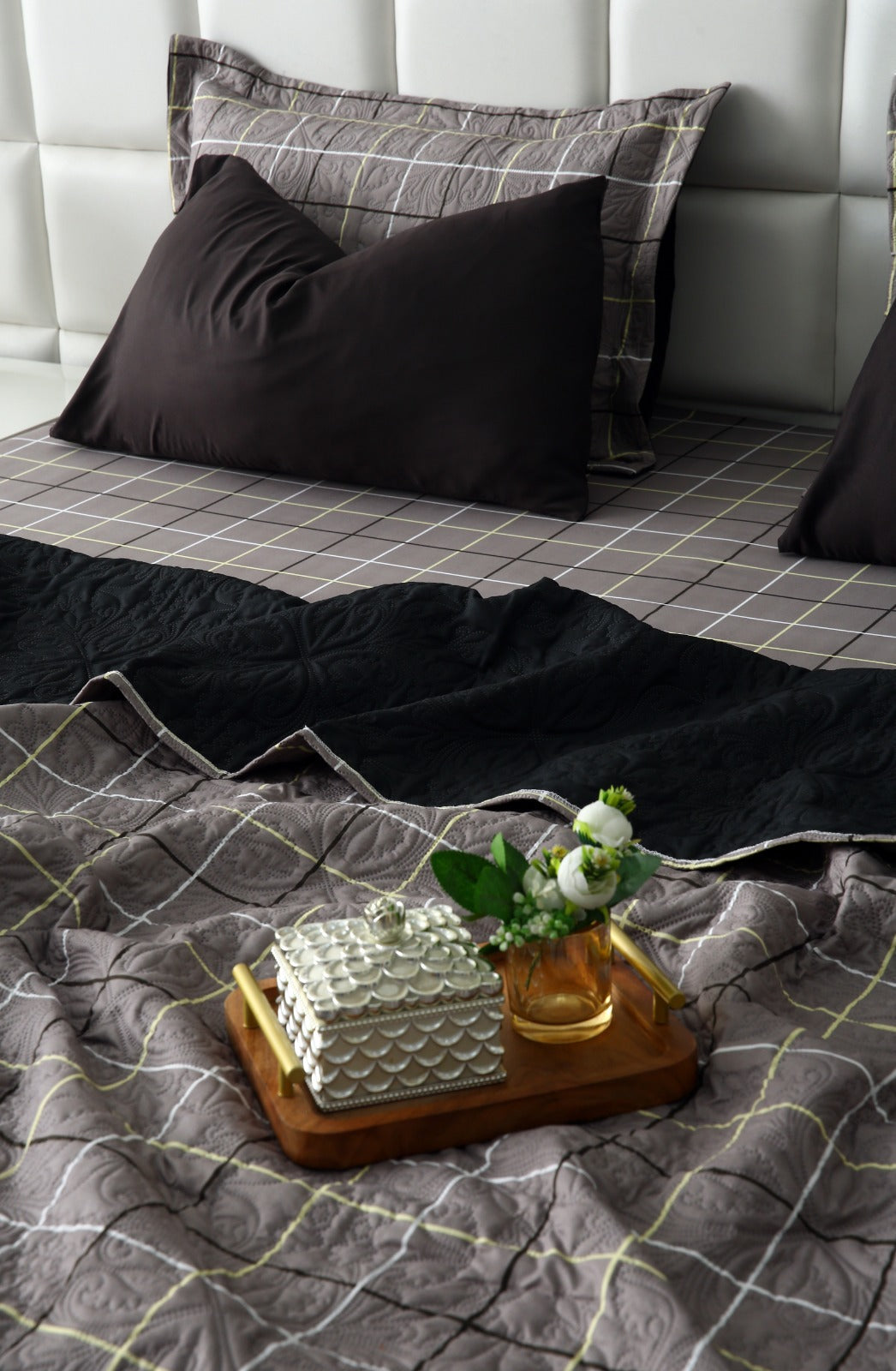6 PCs Printed Bed Spread Set-Multi Check Bed Spread Apricot