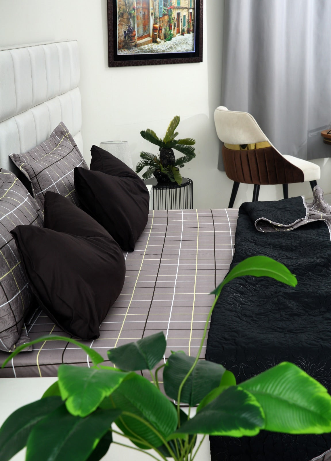 6 PCs Printed Bed Spread Set-Multi Check Bed Spread Apricot