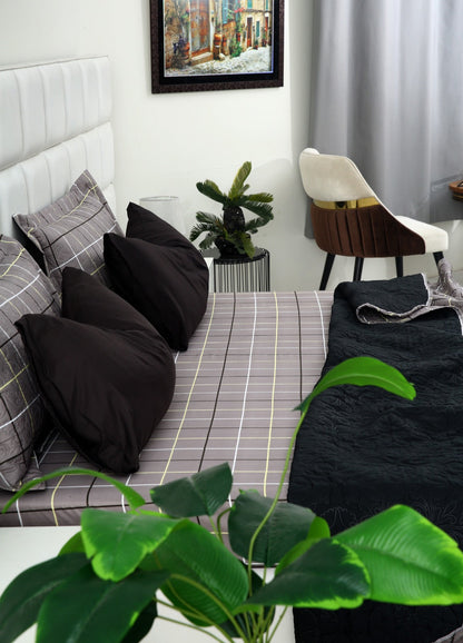 6 PCs Printed Bed Spread Set-Multi Check Bed Spread Apricot