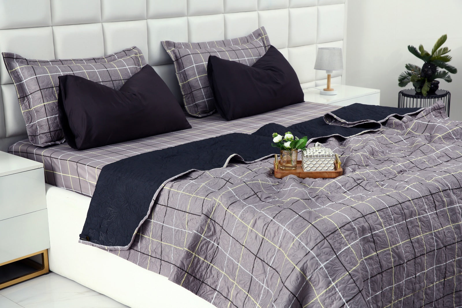 6 PCs Printed Bed Spread Set-Multi Check Bed Spread Apricot