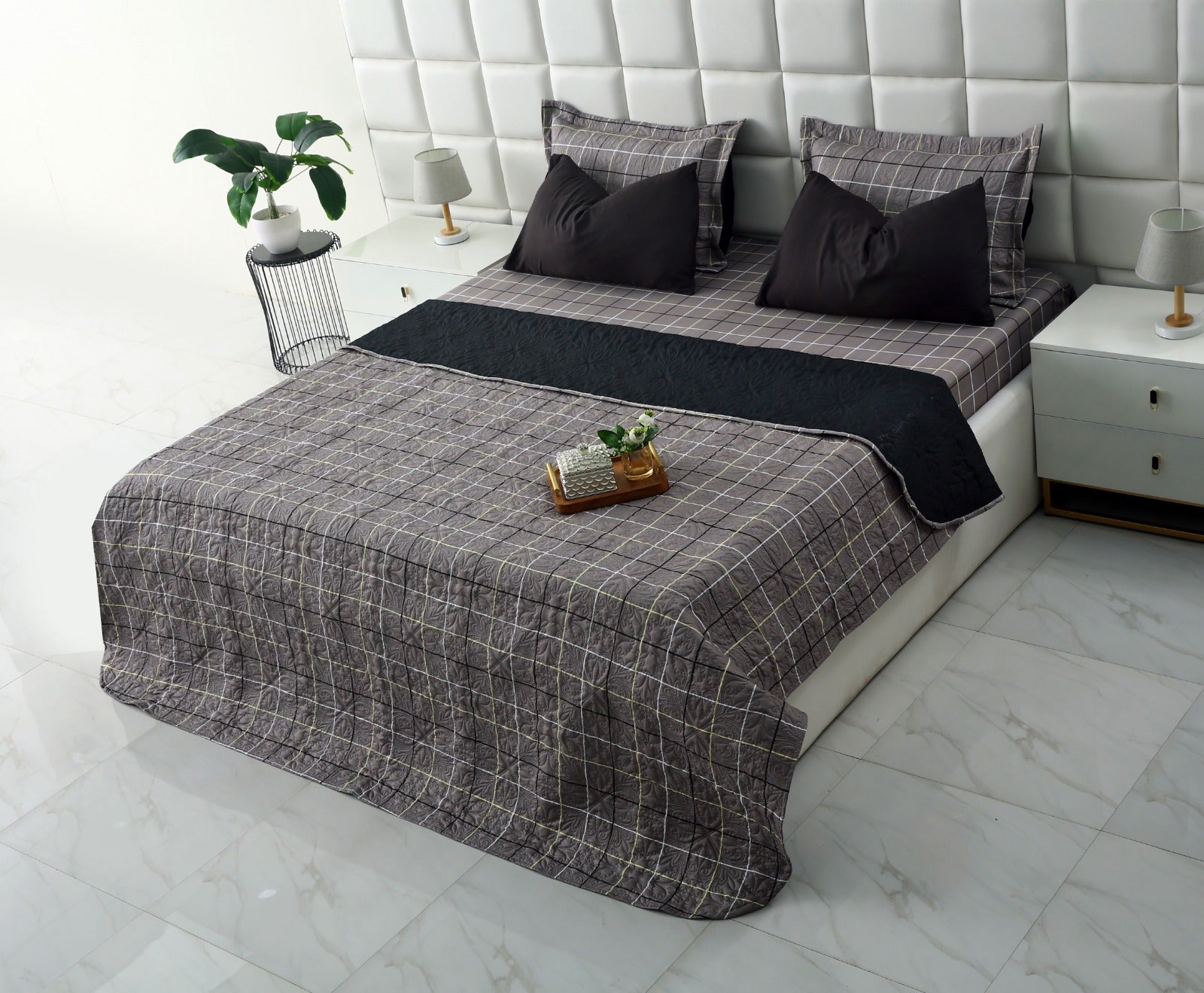 6 PCs Printed Bed Spread Set-Multi Check Bed Spread Apricot