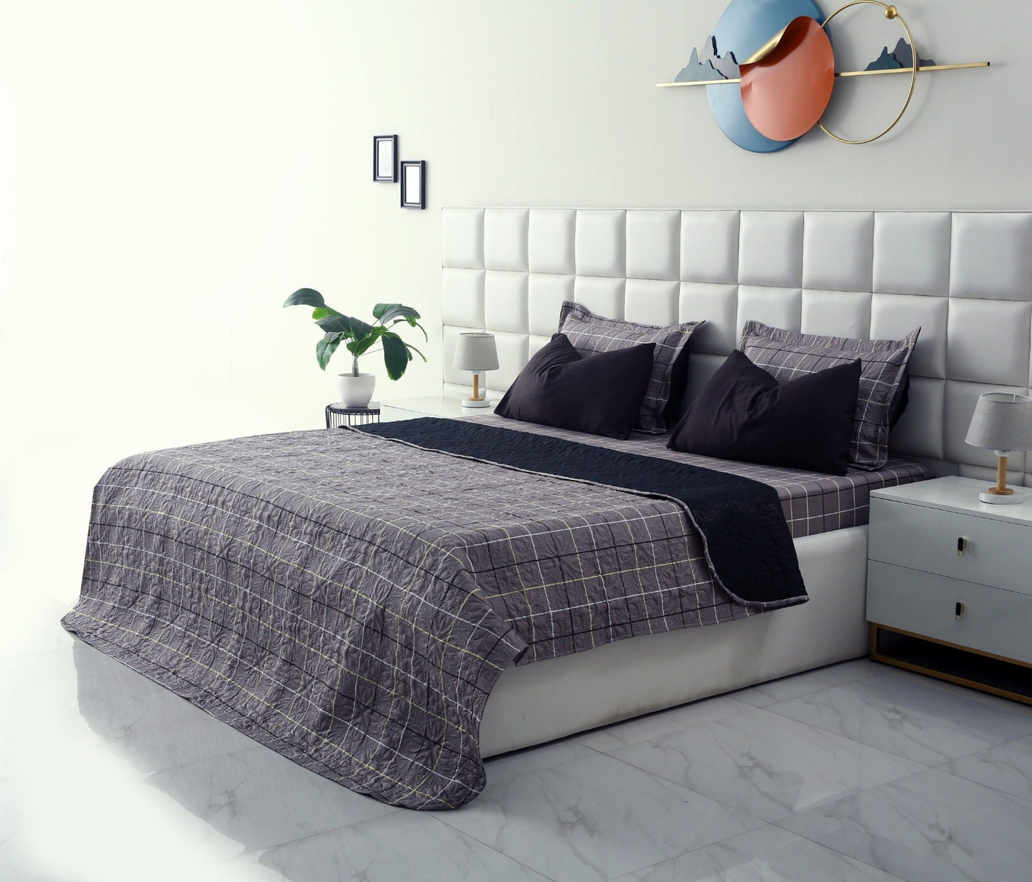 6 PCs Printed Bed Spread Set-Multi Check Bed Spread Apricot