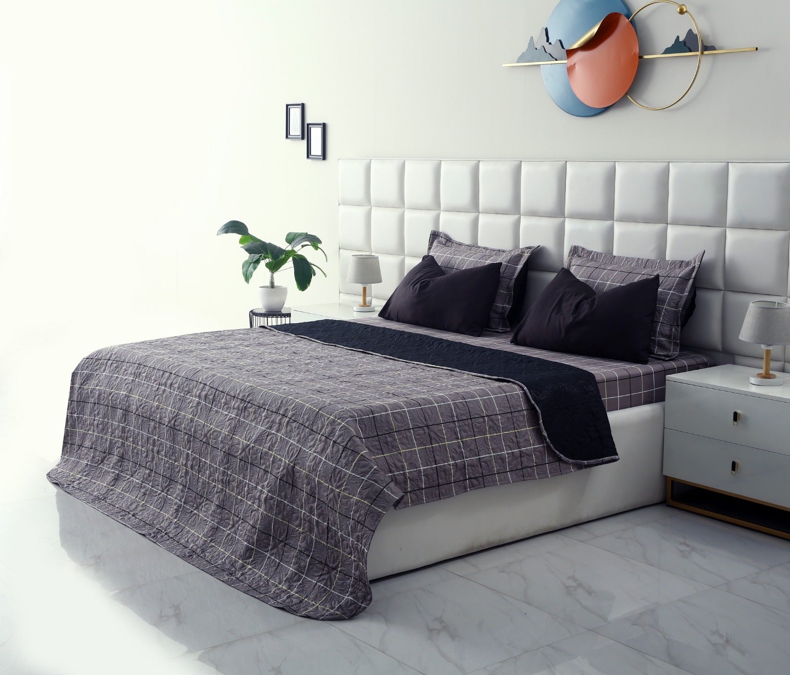 6 PCs Printed Bed Spread Set-Multi Check Bed Spread Apricot