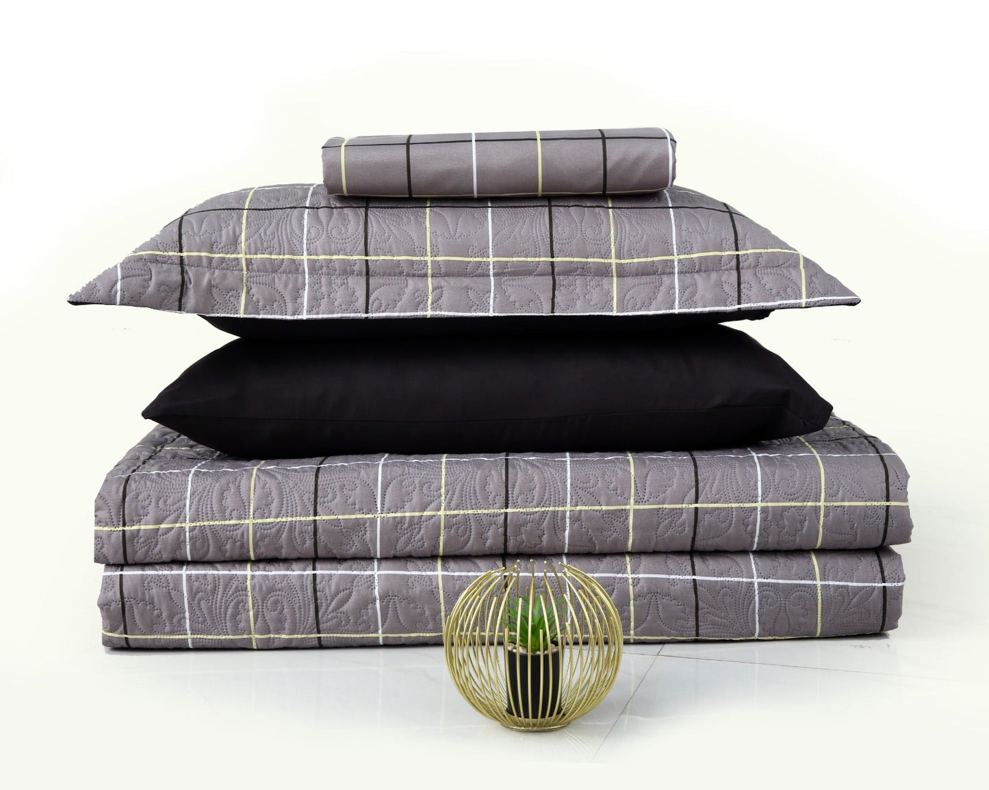 6 PCs Printed Bed Spread Set-Multi Check Bed Spread Apricot