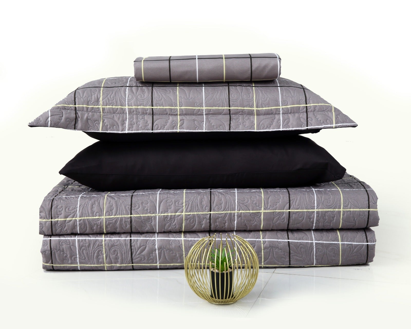 6 PCs Printed Bed Spread Set-Multi Check Bed Spread Apricot