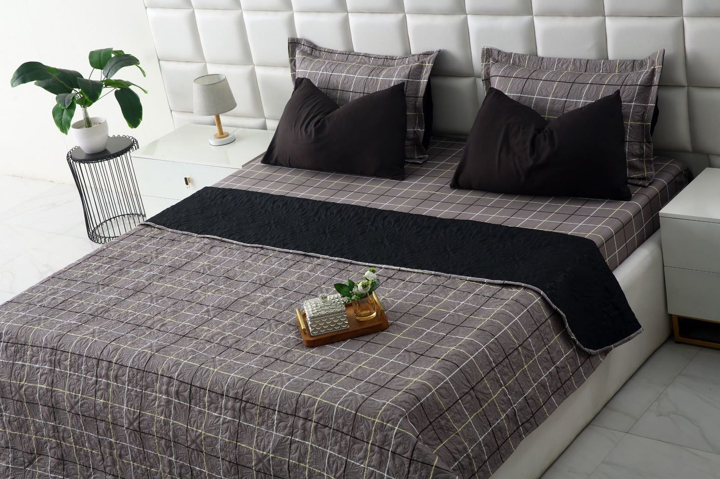 6 PCs Printed Bed Spread Set-Multi Check Bed Spread Apricot