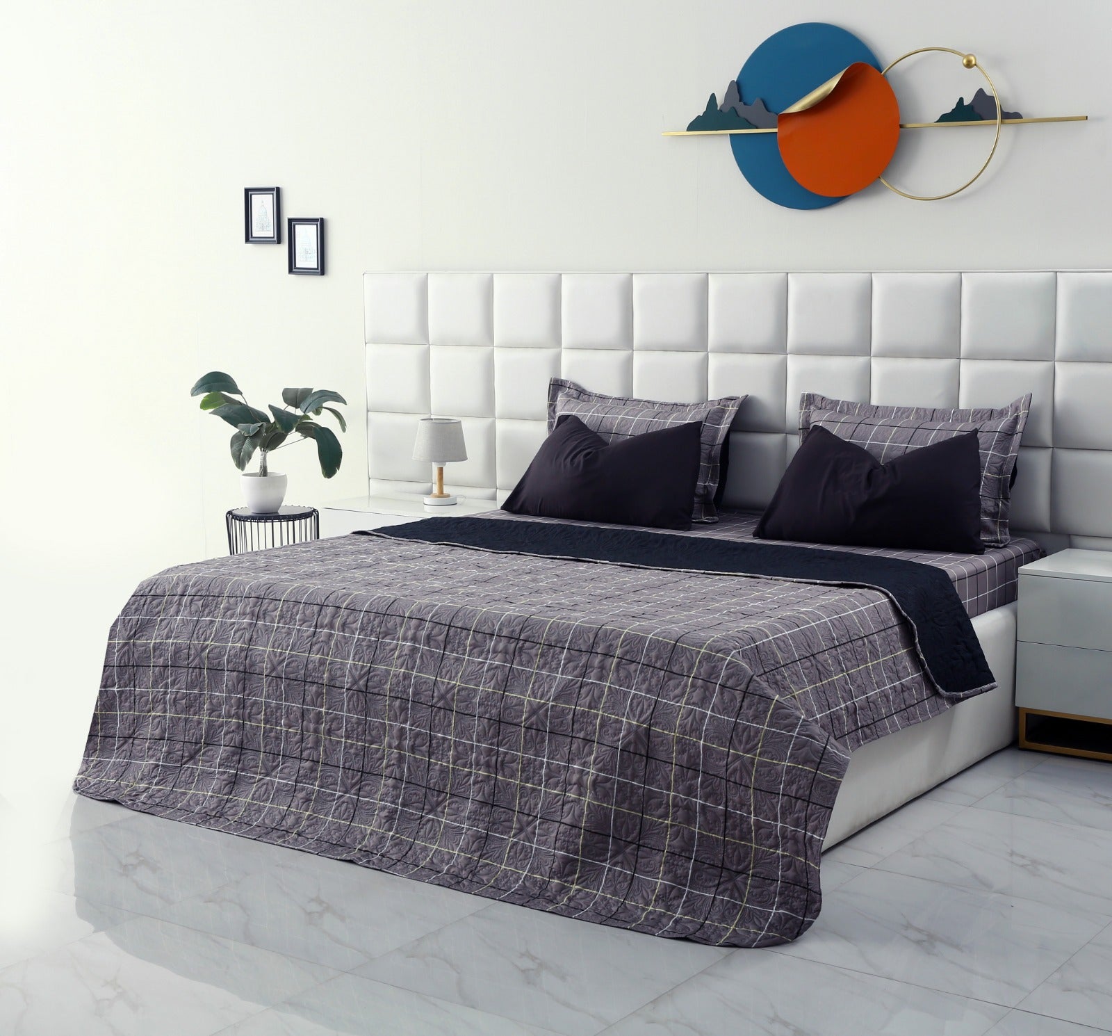 6 PCs Printed Bed Spread Set-Multi Check Bed Spread Apricot