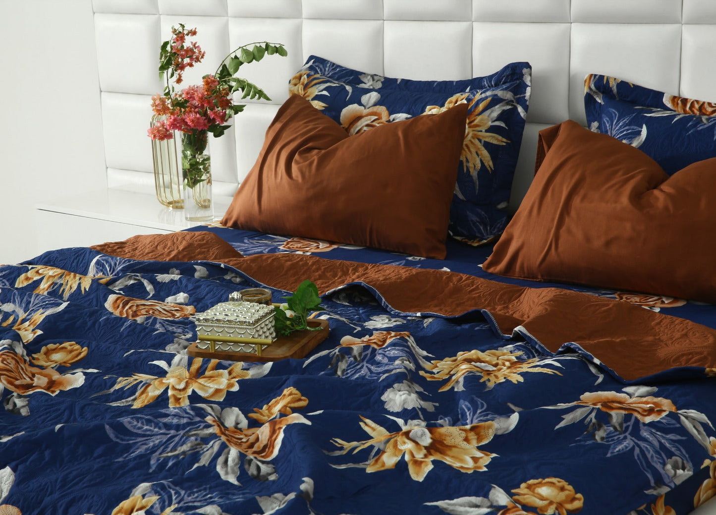 6 PCs Printed Bed Spread Set-Ethnic Flowers Bed Spread Apricot