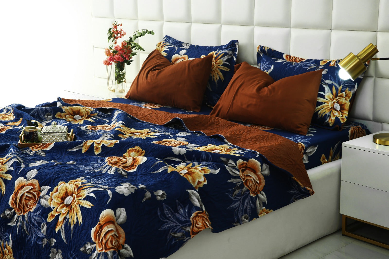 6 PCs Printed Bed Spread Set-Ethnic Flowers Bed Spread Apricot