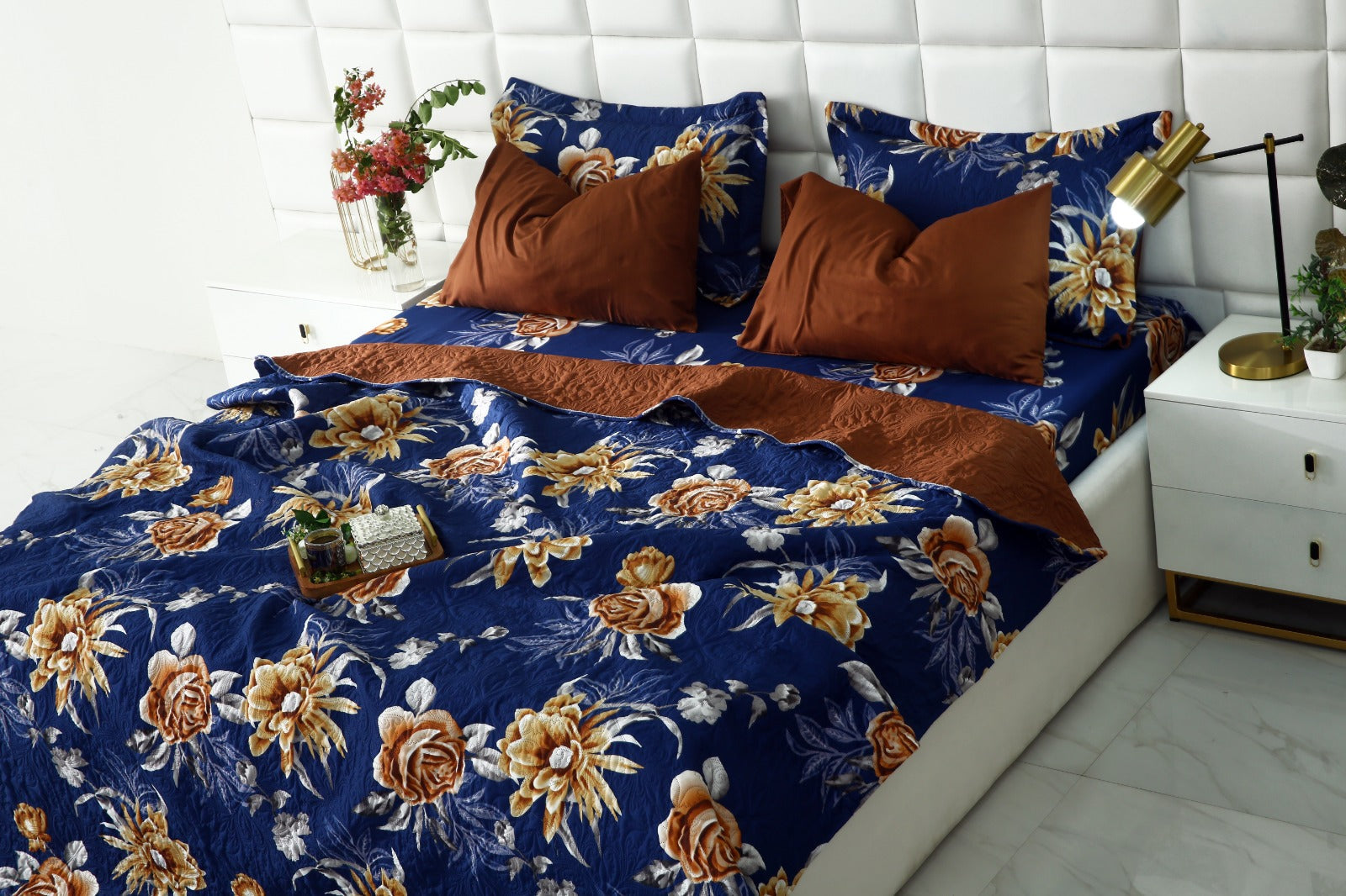 6 PCs Printed Bed Spread Set-Ethnic Flowers Bed Spread Apricot