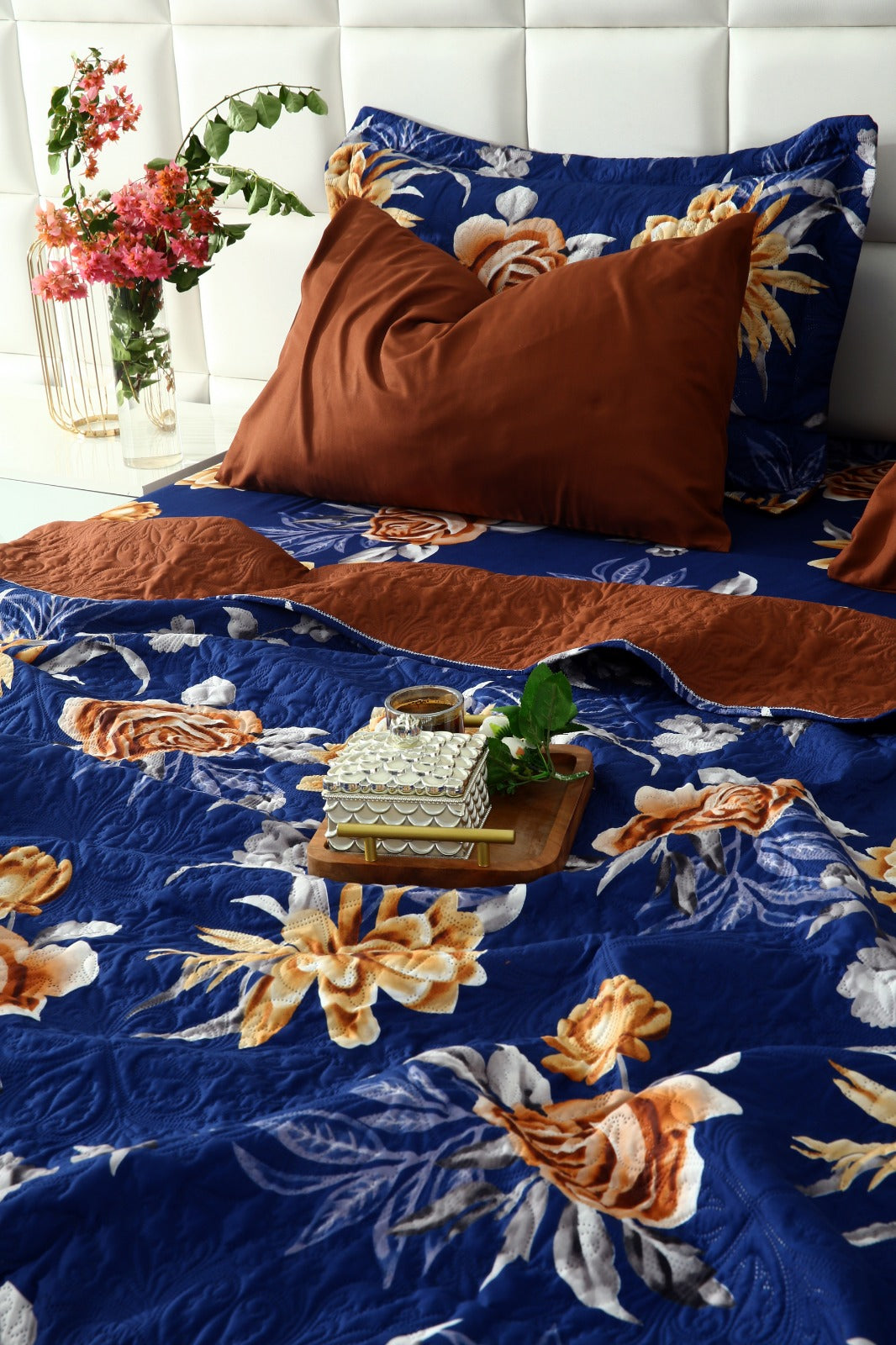 6 PCs Printed Bed Spread Set-Ethnic Flowers Bed Spread Apricot