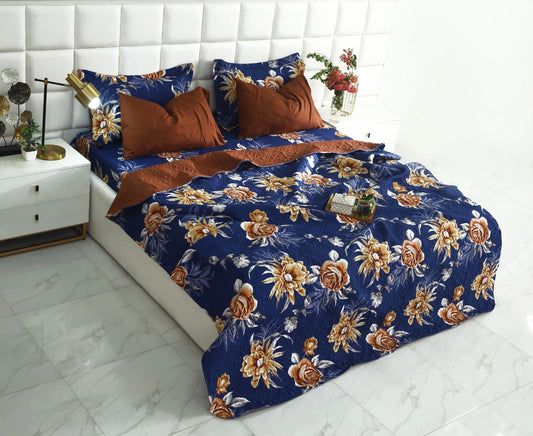 6 PCs Printed Bed Spread Set-Ethnic Flowers Bed Spread Apricot