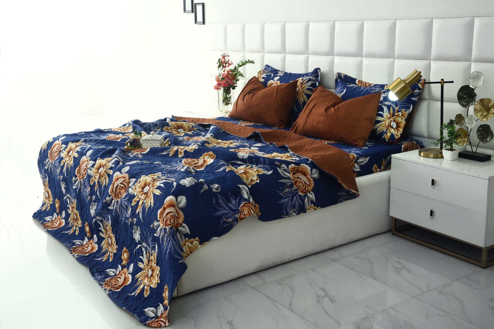 6 PCs Printed Bed Spread Set-Ethnic Flowers Bed Spread Apricot