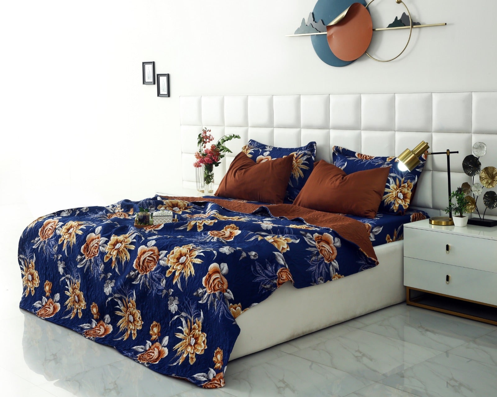 6 PCs Printed Bed Spread Set-Ethnic Flowers Bed Spread Apricot