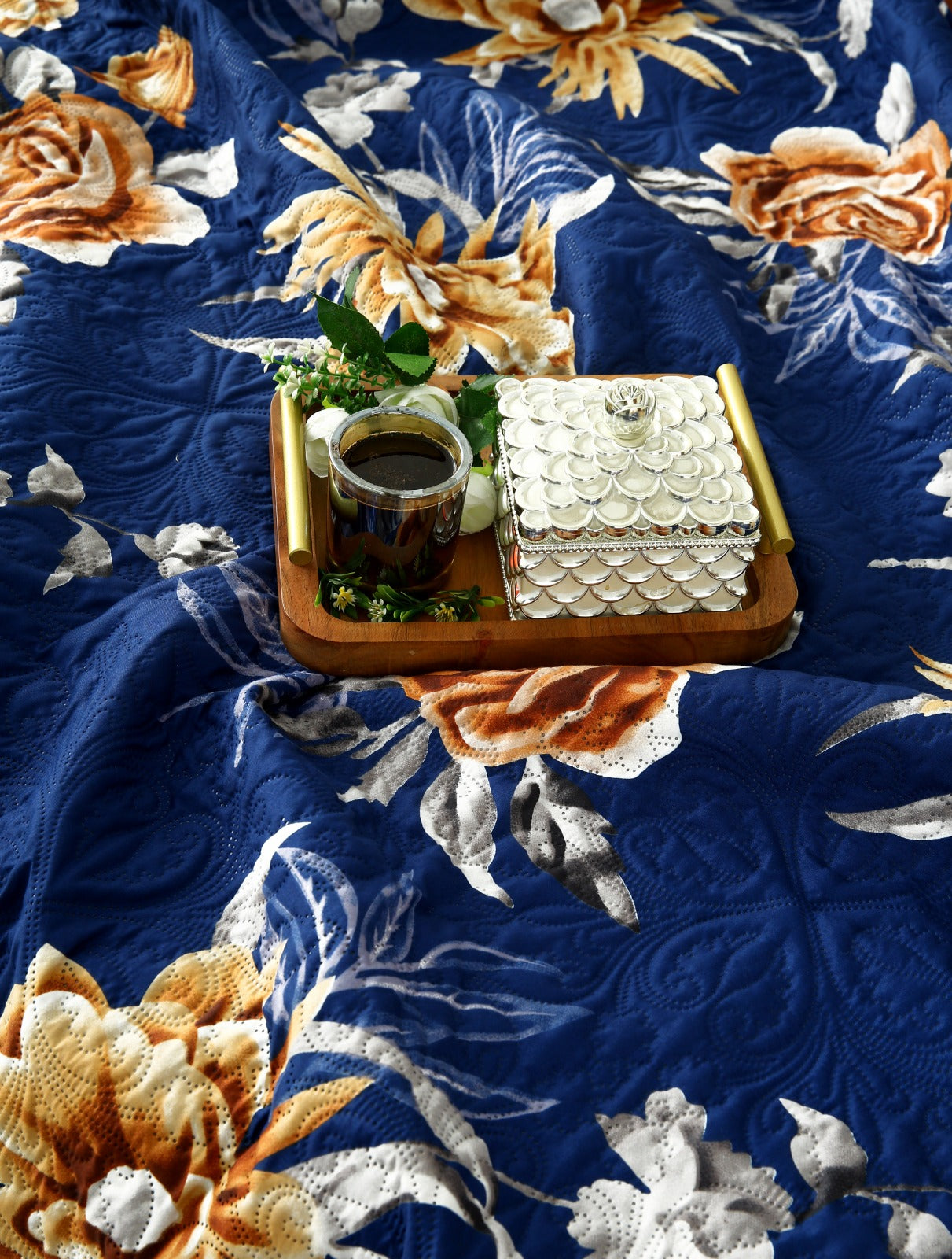 6 PCs Printed Bed Spread Set-Ethnic Flowers Bed Spread Apricot