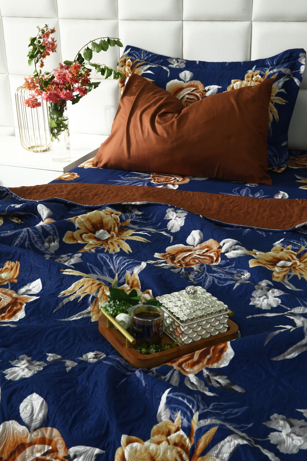 6 PCs Printed Bed Spread Set-Ethnic Flowers Bed Spread Apricot