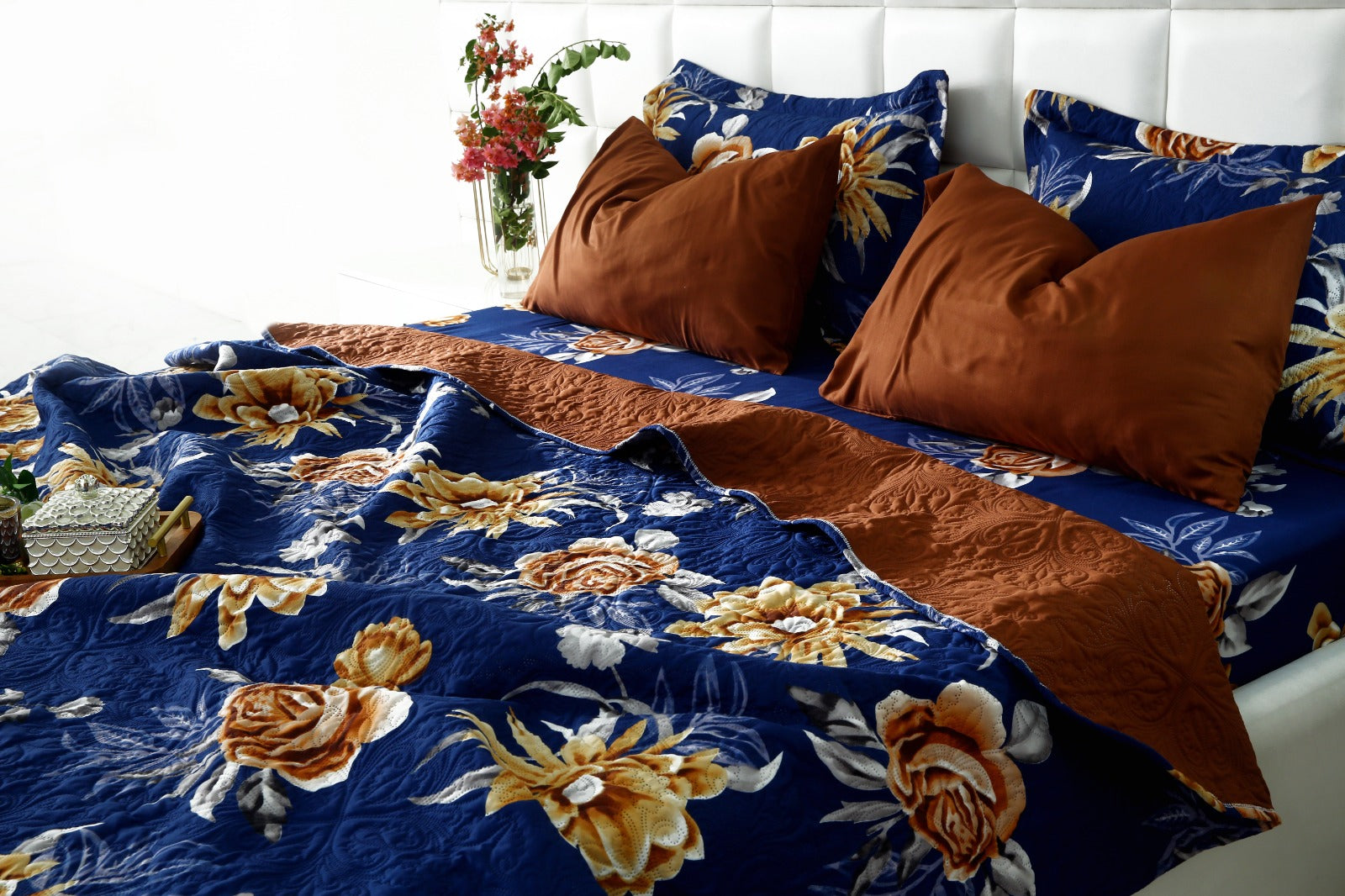6 PCs Printed Bed Spread Set-Ethnic Flowers Bed Spread Apricot