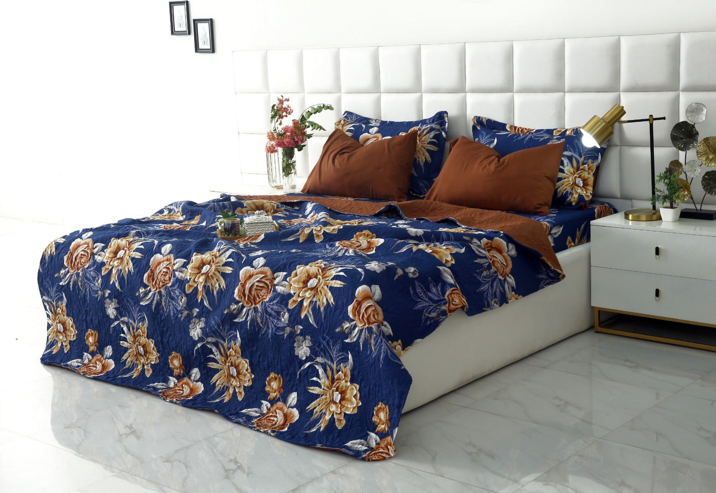 6 PCs Printed Bed Spread Set-Ethnic Flowers Bed Spread Apricot