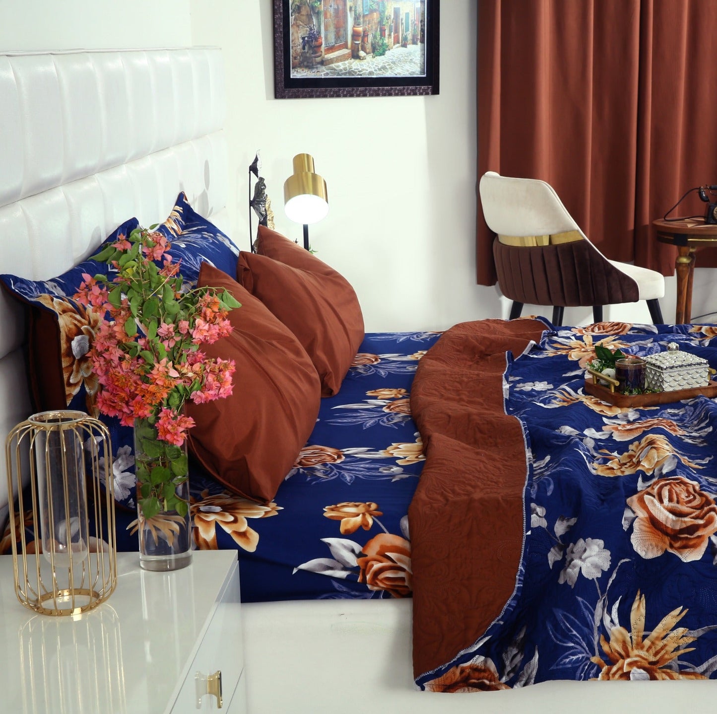 6 PCs Printed Bed Spread Set-Ethnic Flowers Bed Spread Apricot