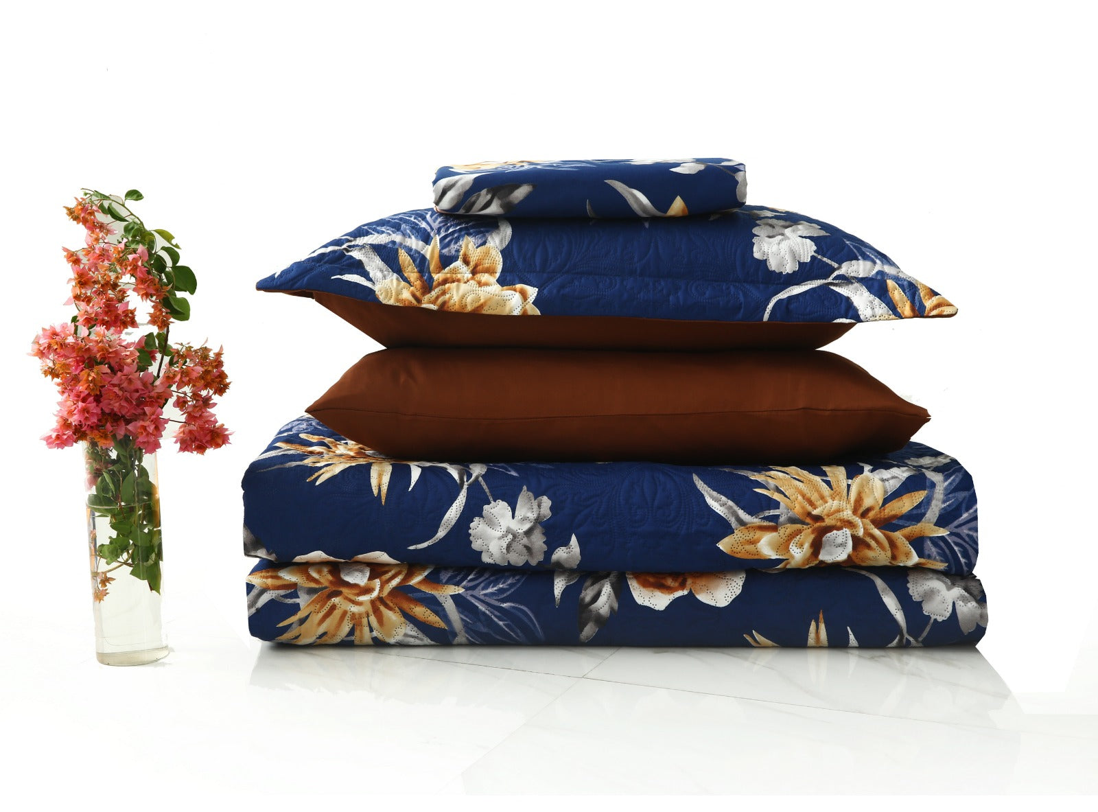 6 PCs Printed Bed Spread Set-Ethnic Flowers Bed Spread Apricot