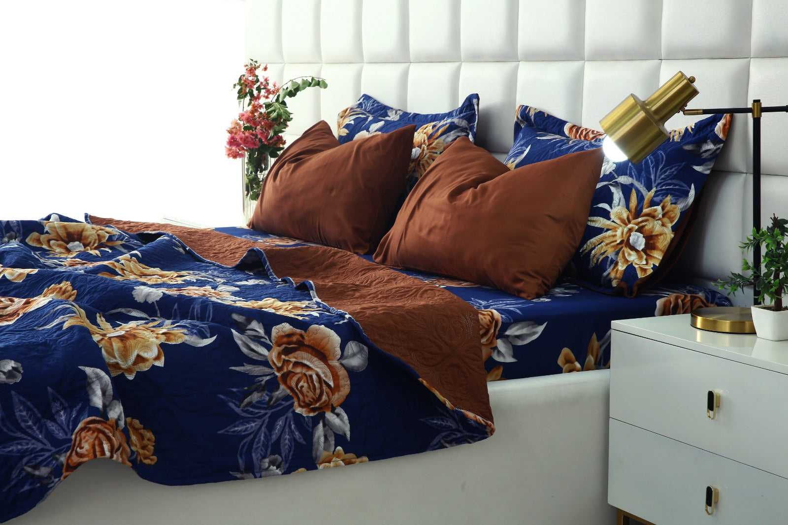 6 PCs Printed Bed Spread Set-Ethnic Flowers Bed Spread Apricot