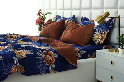 6 PCs Printed Bed Spread Set-Ethnic Flowers Bed Spread Apricot