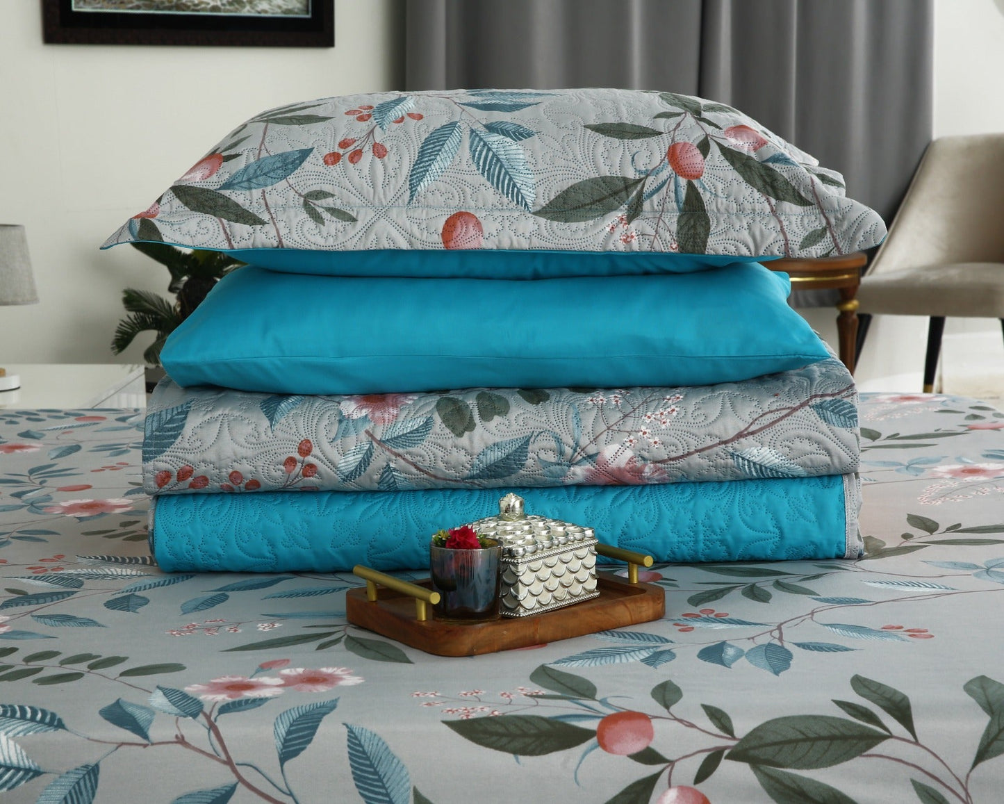 6 PCs Printed Bed Spread Set-Petunia Bed Spread Apricot