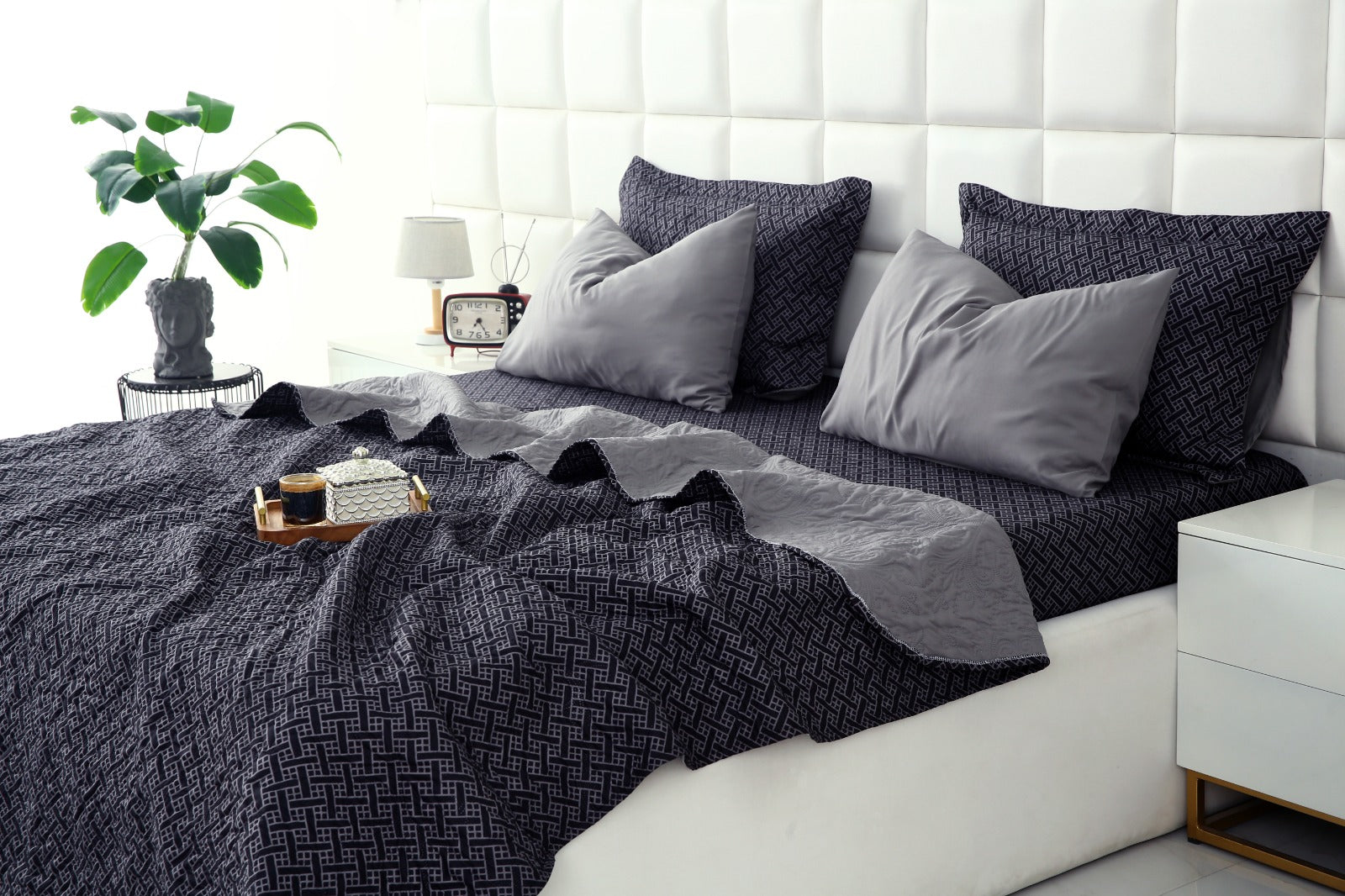 6 PCs Printed Bed Spread Set-Plaid Bed Spread Apricot