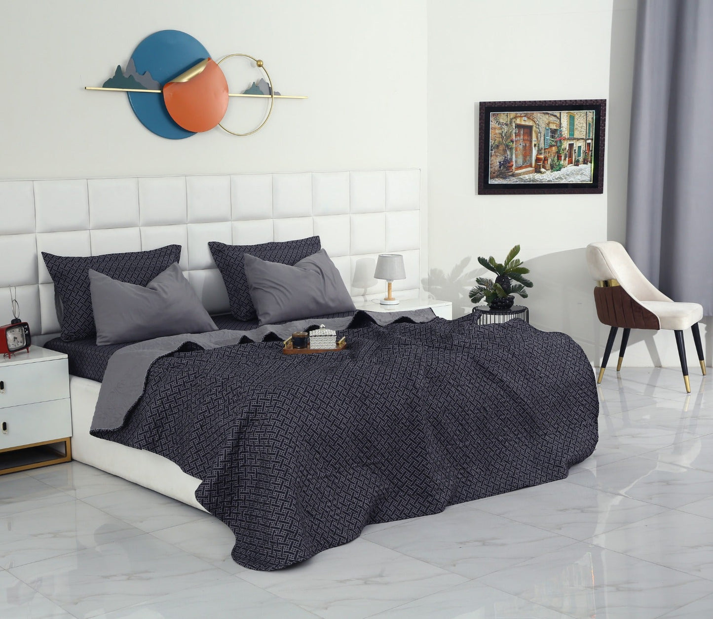 6 PCs Printed Bed Spread Set-Plaid Bed Spread Apricot