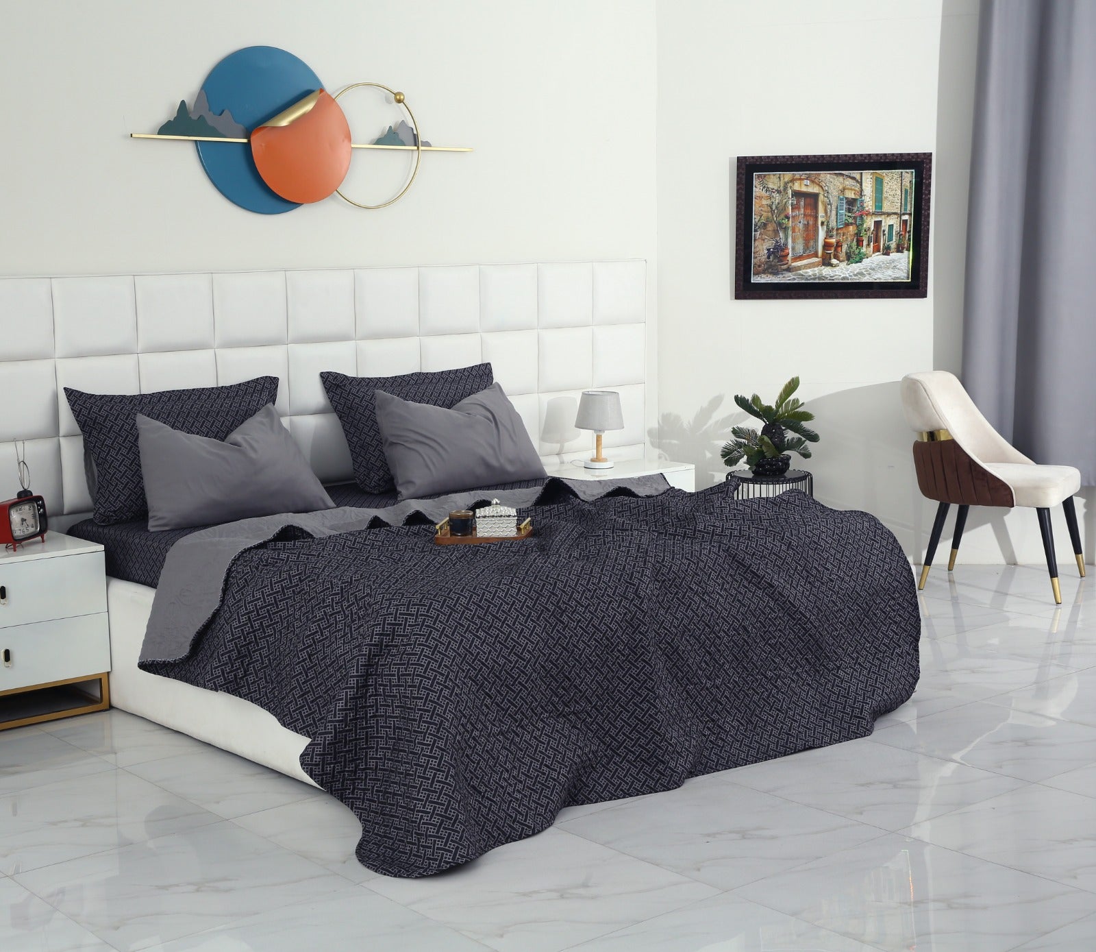 6 PCs Printed Bed Spread Set-Plaid Bed Spread Apricot