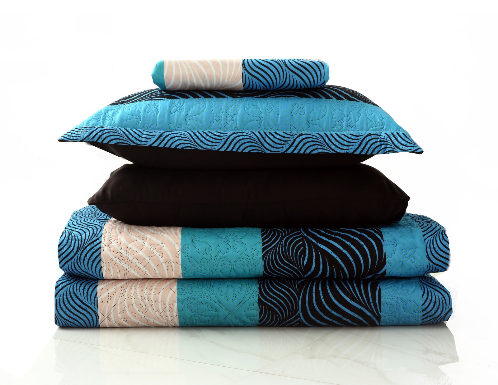 6 PCs Printed Bed Spread Set-Aqua Blue Bed Spread Apricot