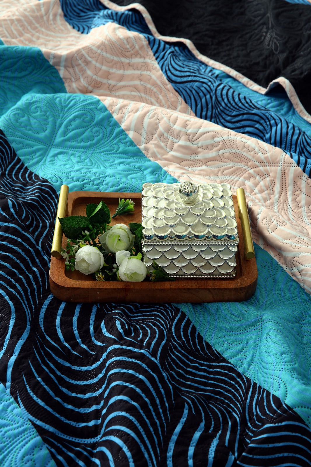6 PCs Printed Bed Spread Set-Aqua Blue Bed Spread Apricot
