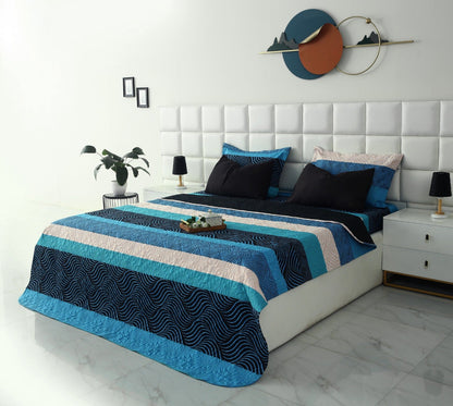 6 PCs Printed Bed Spread Set-Aqua Blue Bed Spread Apricot