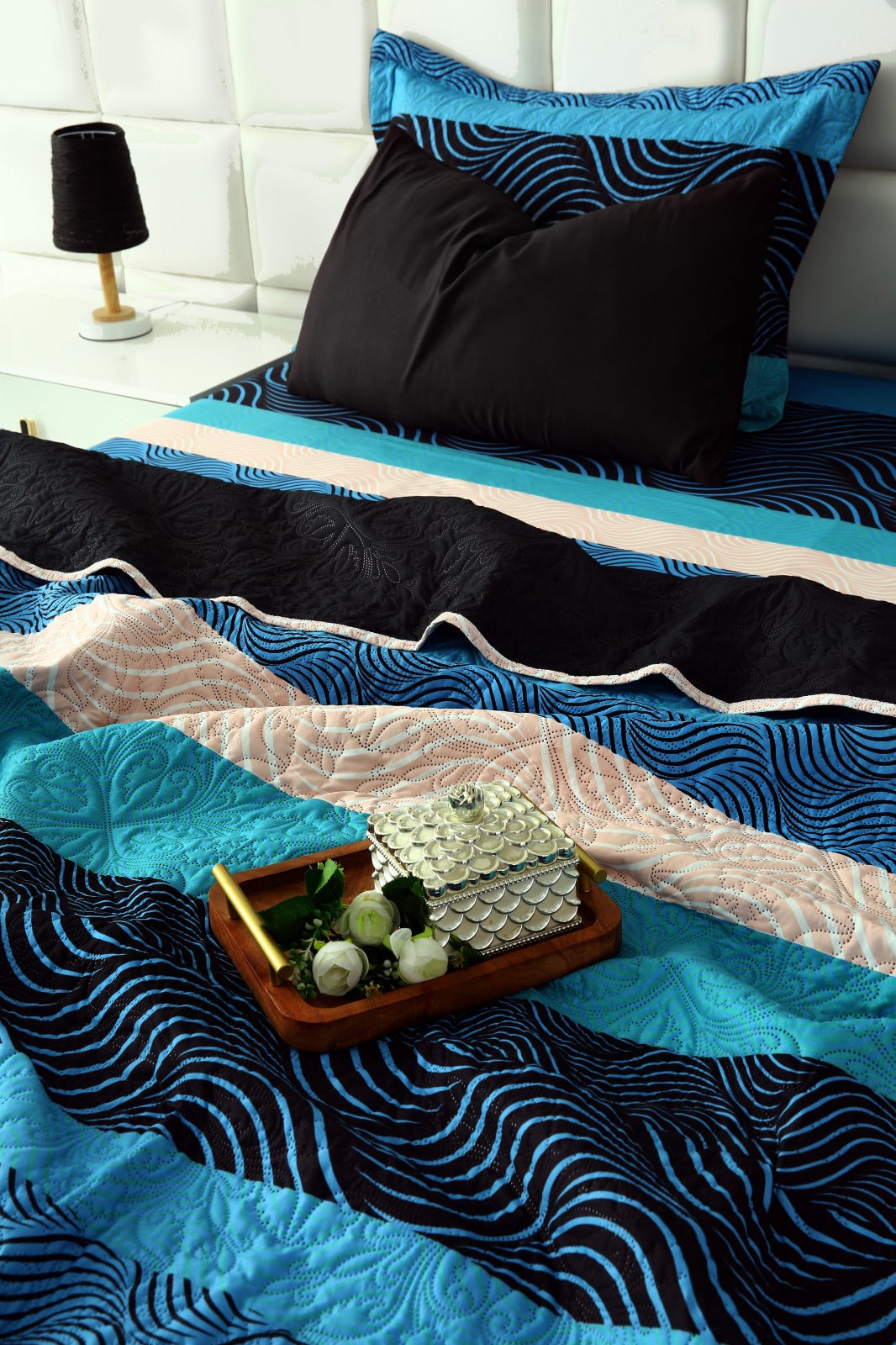 6 PCs Printed Bed Spread Set-Aqua Blue Bed Spread Apricot