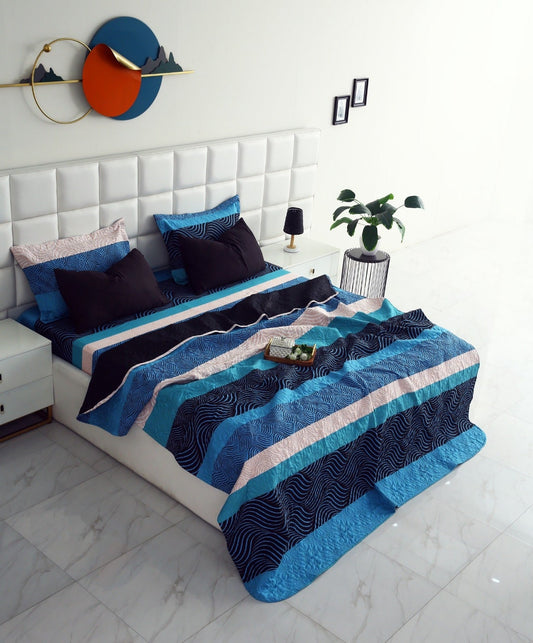 6 PCs Printed Bed Spread Set-Aqua Blue Bed Spread Apricot