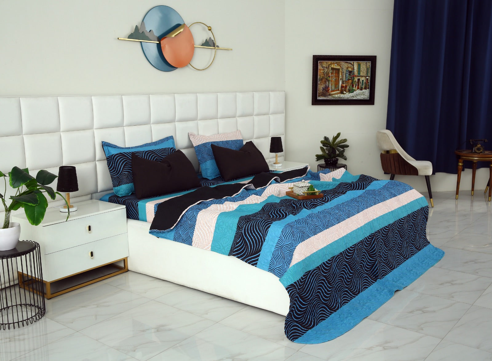 6 PCs Printed Bed Spread Set-Aqua Blue Bed Spread Apricot
