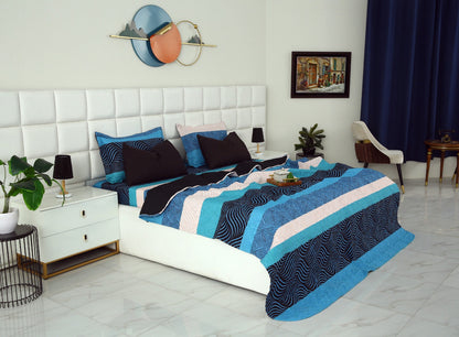 6 PCs Printed Bed Spread Set-Aqua Blue Bed Spread Apricot