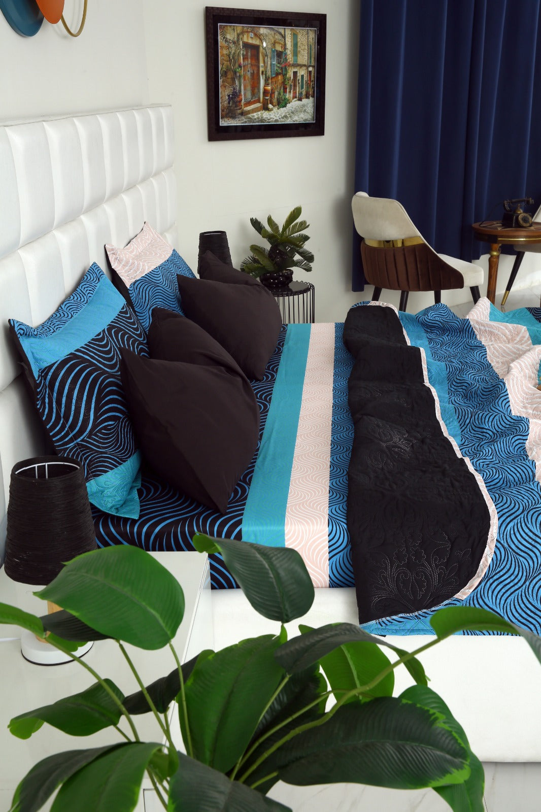 6 PCs Printed Bed Spread Set-Aqua Blue Bed Spread Apricot