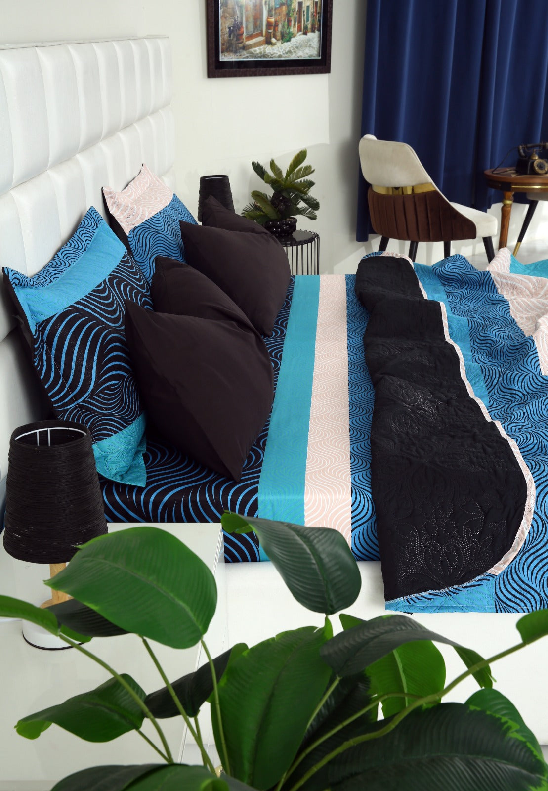 6 PCs Printed Bed Spread Set-Aqua Blue Bed Spread Apricot
