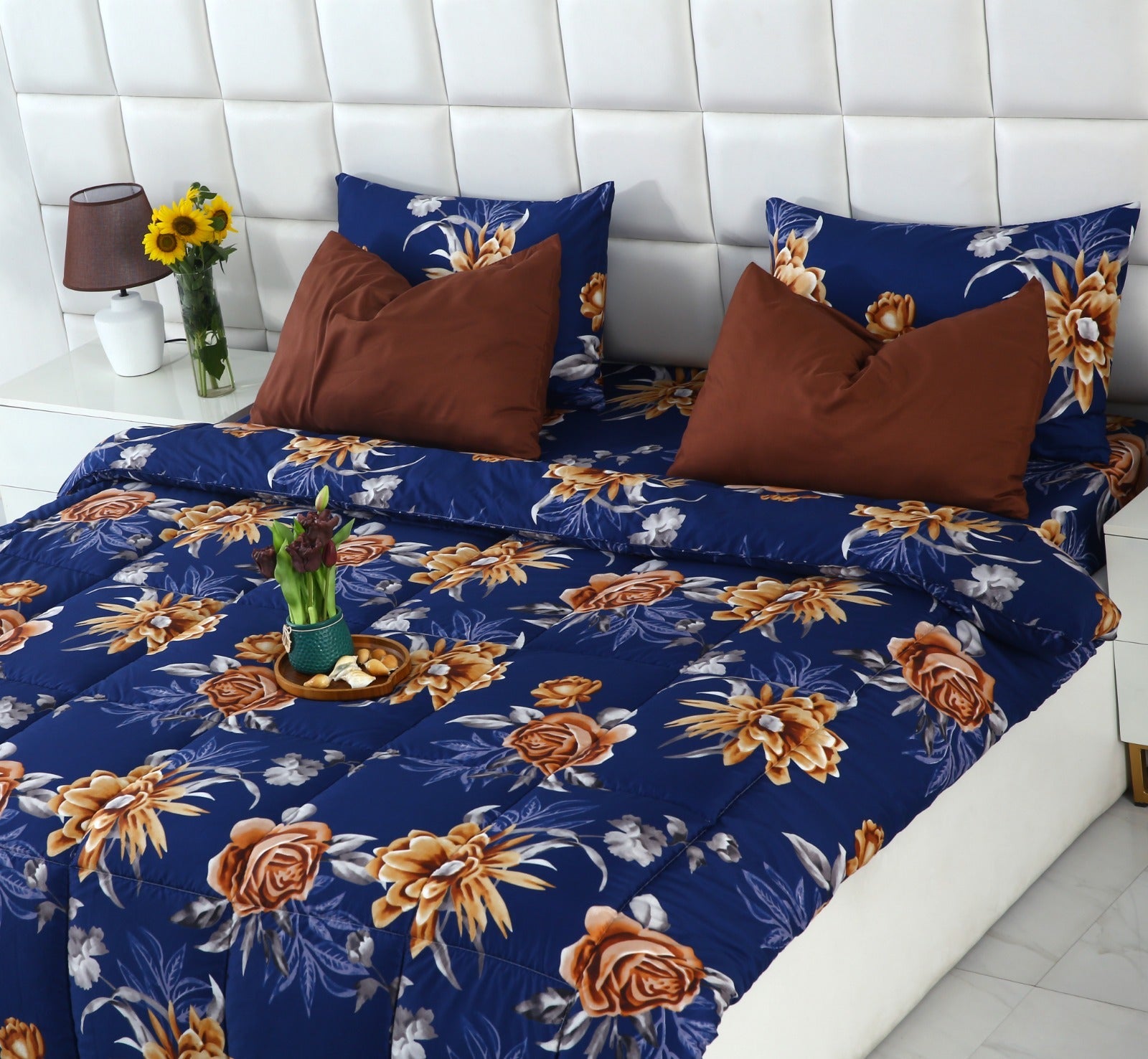 6 PCs Summer Comforter Set-Ethnic Flowers Bed Spread Apricot