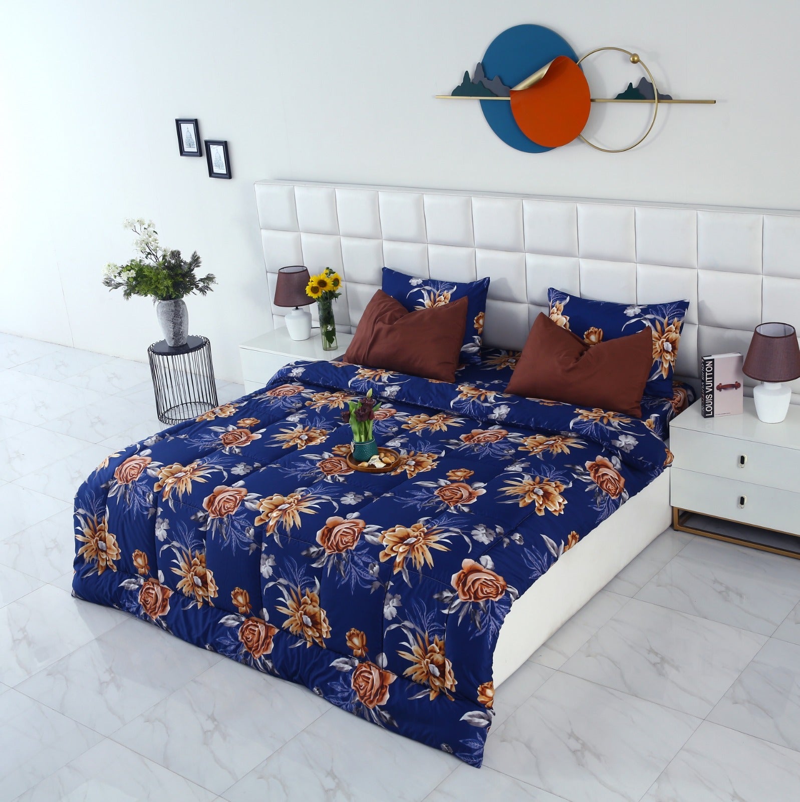 6 PCs Summer Comforter Set-Ethnic Flowers Bed Spread Apricot