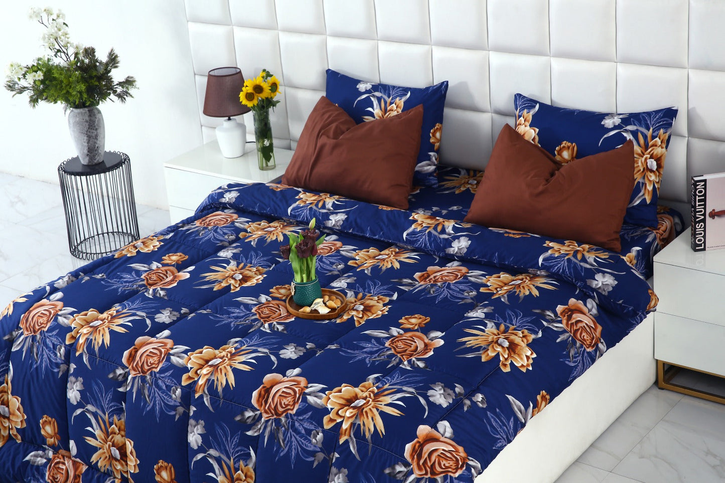 6 PCs Summer Comforter Set-Ethnic Flowers Bed Spread Apricot